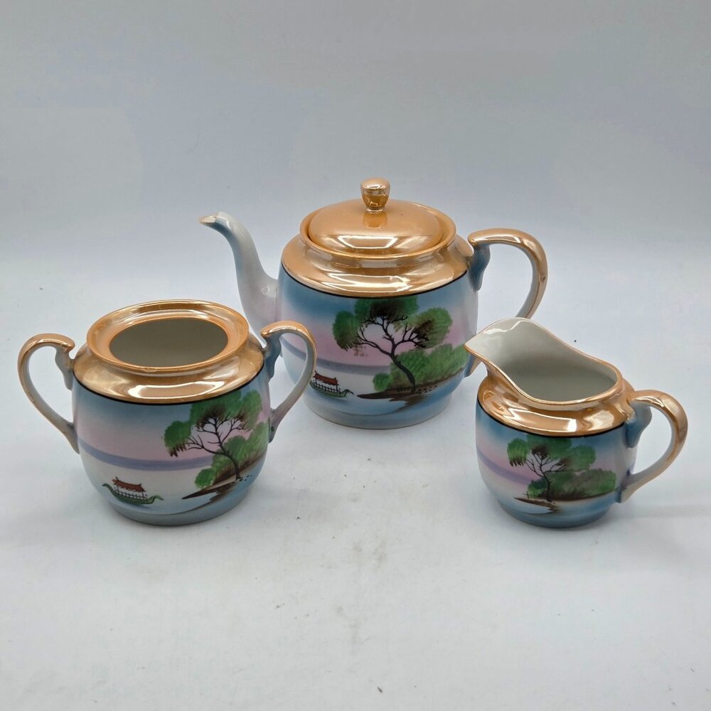 Noritake Japanese Chikaramachi Signed Porcelain Lustreware Sunrise Teapot Set